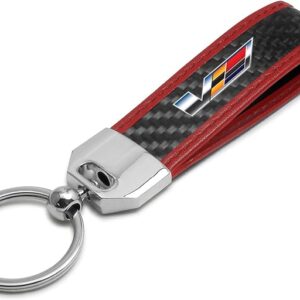 Cadillac V Logo Real Carbon Fiber Strap with Red Leather Stitching Edge Key Chain