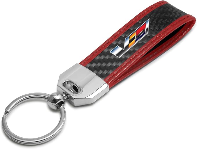 cadillac-v-keychain-1 Cadillac V Logo Real Carbon Fiber Strap with Red Leather Stitching Edge Key Chain