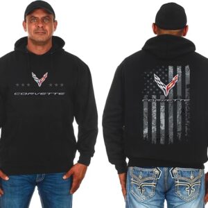 JH DESIGN GROUP Men's Chevy Corvette C8 Pullover Hoodie American Flag 2 Sided Sweatshirt